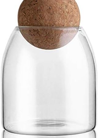 550ML/18Oz Glass Storage Container with Ball Cork, Cute Decorative Organizer Bottle Canister Jar with Air Tight Wood Lid for Food, Coffee, Candy, Bathroom Apothecary Cotton Swab Qtip Holder