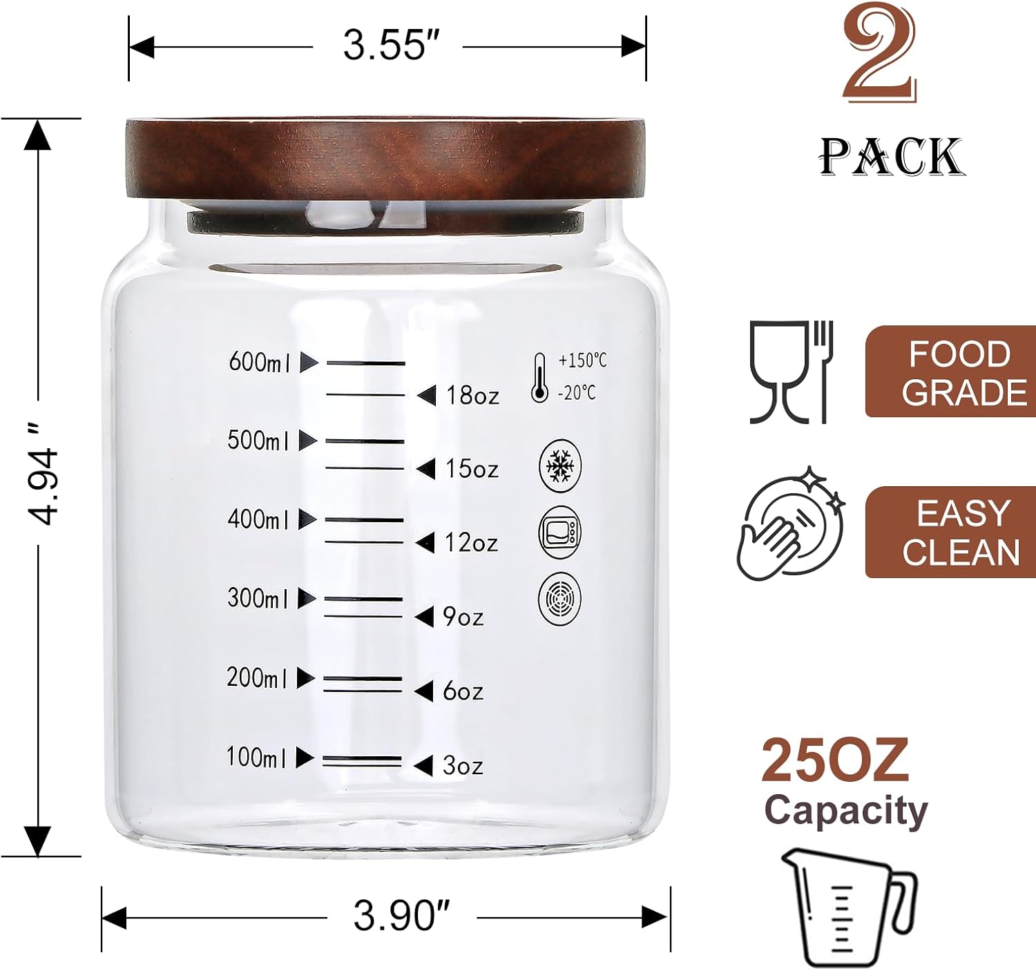 25 oz Glass Storage Containers, Airtight Food Jars, Kitchen Jar with Wooden Lid and Spoon, Storage Glass Jar for Tea, Spices, Flour, Coffee Beans, Pasta or Gift Giving, Pack of 2 - Image 2
