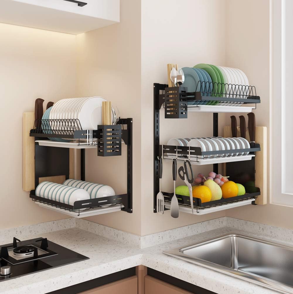 Three-tier black stainless steel wall-mounted dish rack/vegetable basket with drain board and hanging chopstick holder and knife holder - Image 2