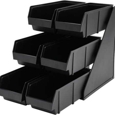 Three-tier self-service spice rack with 6 plastic containers, suitable for coffee shops, restaurants, and bar countertops
