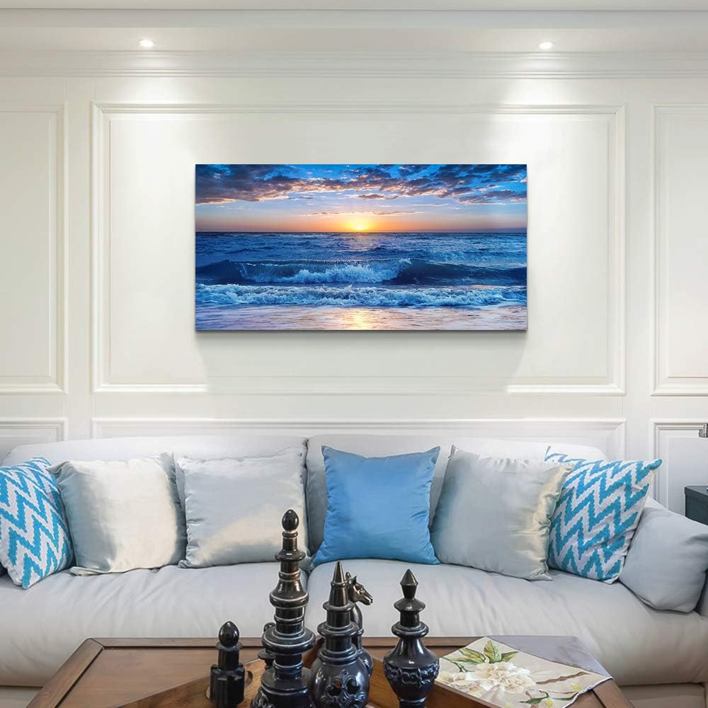 canvas wall art for living room Blue Ocean Sea sun landscape painting bathroom Wall Decor Ready to Hang for Home Decorations office family bedroom kitchen Works canvas Prints pictures 20" x 40"inch - Image 2
