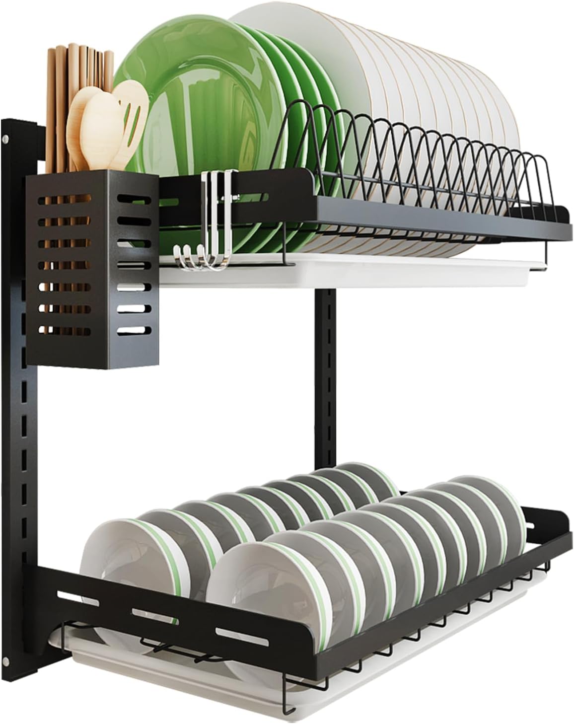 Wall-mounted double-tier dish rack (with drain plate and dish holder), black stainless steel coating, height adjustable