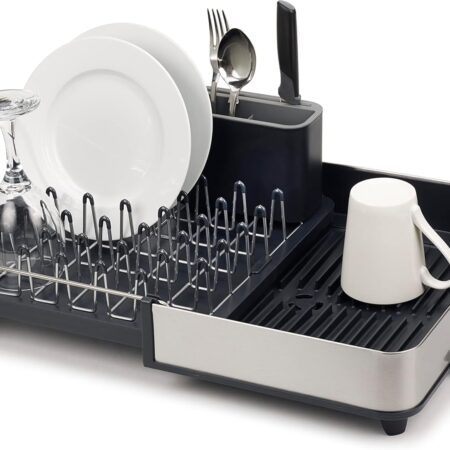 Expandable two-piece stainless steel cutlery drainer with movable cutlery drain and drain outlet, gray
