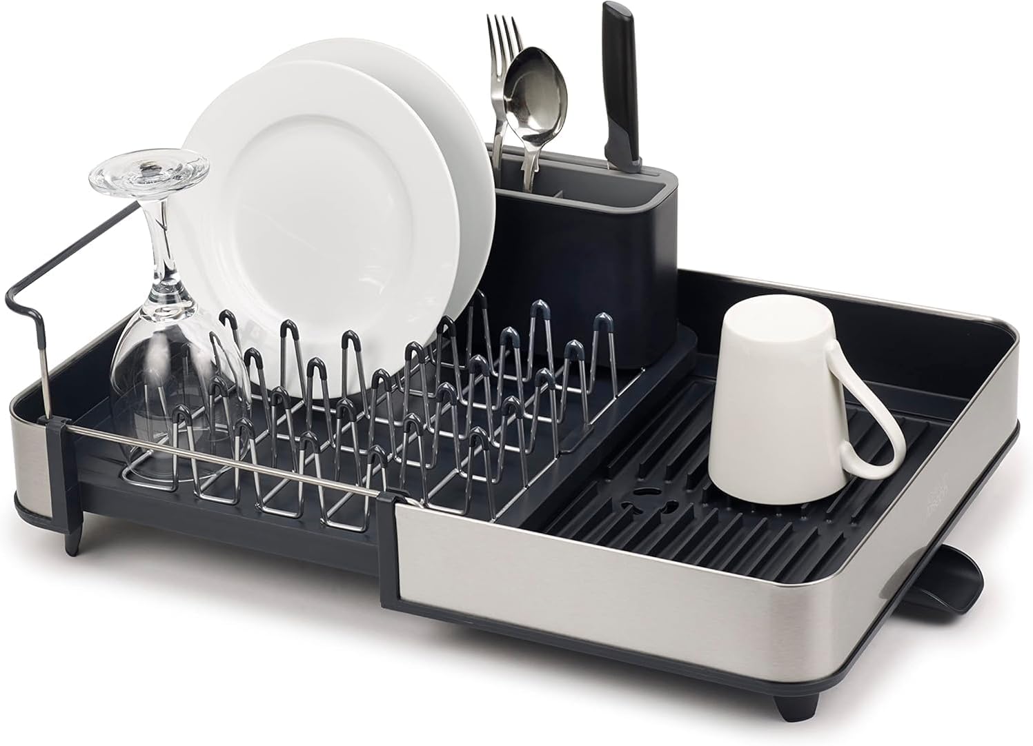 Expandable two-piece stainless steel cutlery drainer with movable cutlery drain and drain outlet, gray