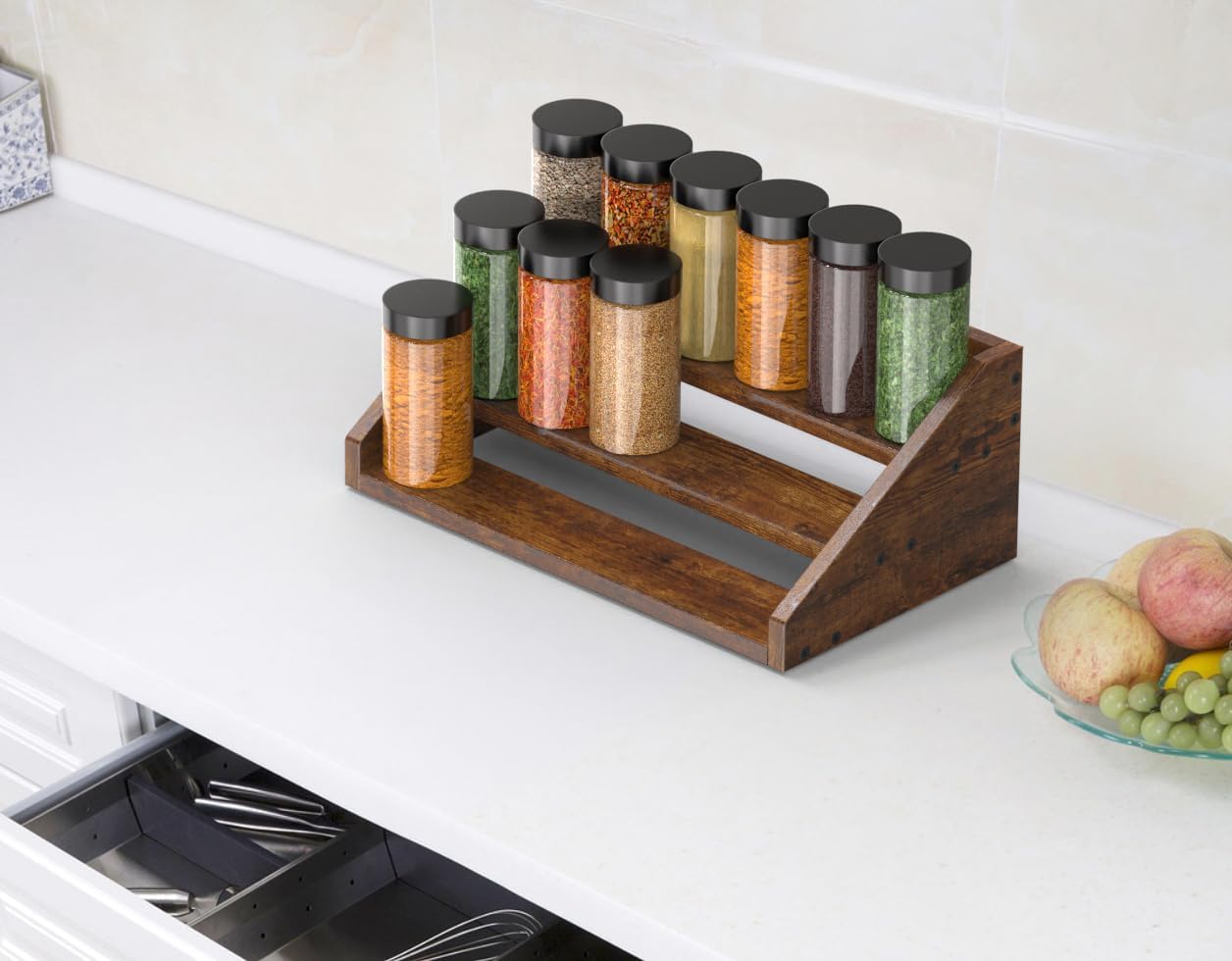 Three-tier ultra-sturdy wooden display rack/spice rack, vintage style, suitable for countertops and cabinets - Image 2