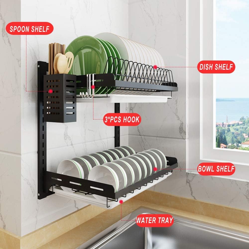 Wall-mounted double-tier dish rack (with drain plate and dish holder), black stainless steel coating, height adjustable - Image 2