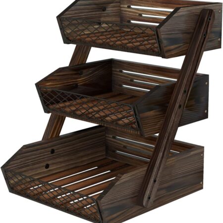 Three-tier wooden kitchen fruit/vegetable rack for kitchen countertops