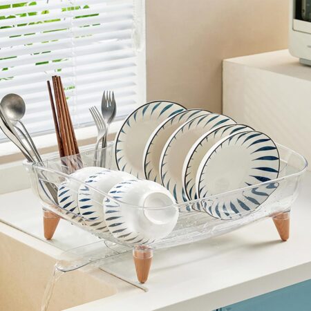 Countertop transparent dish rack with drain board set and dish holder
