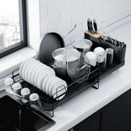 Expandable large cutlery drainer (19.2"-26.7" L x 12.9" W), with cutlery and cup holders, black