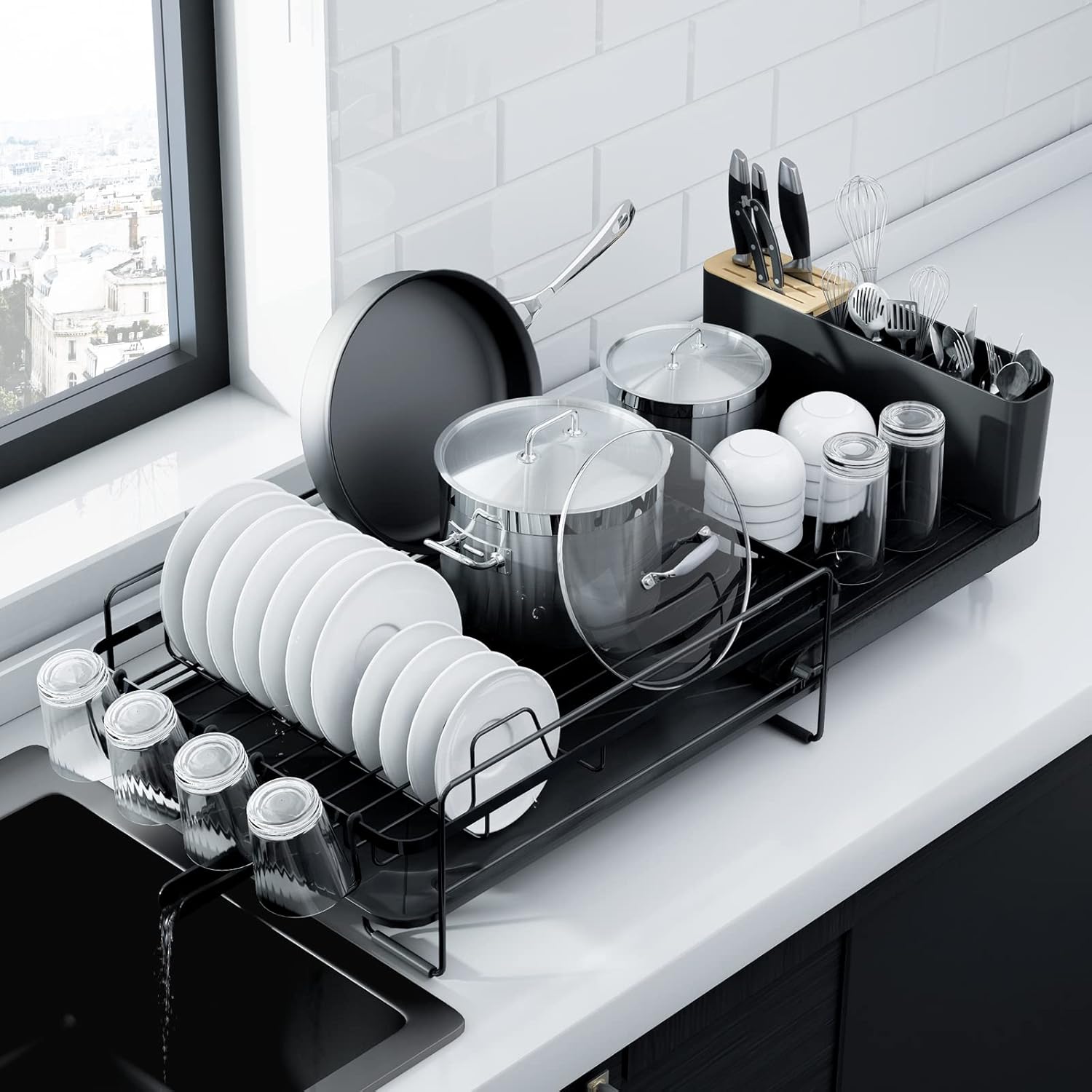 Expandable large cutlery drainer (19.2"-26.7" L x 12.9" W), with cutlery and cup holders, black