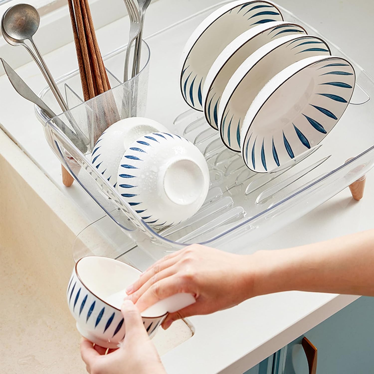 Countertop transparent dish rack with drain board set and dish holder - Image 2