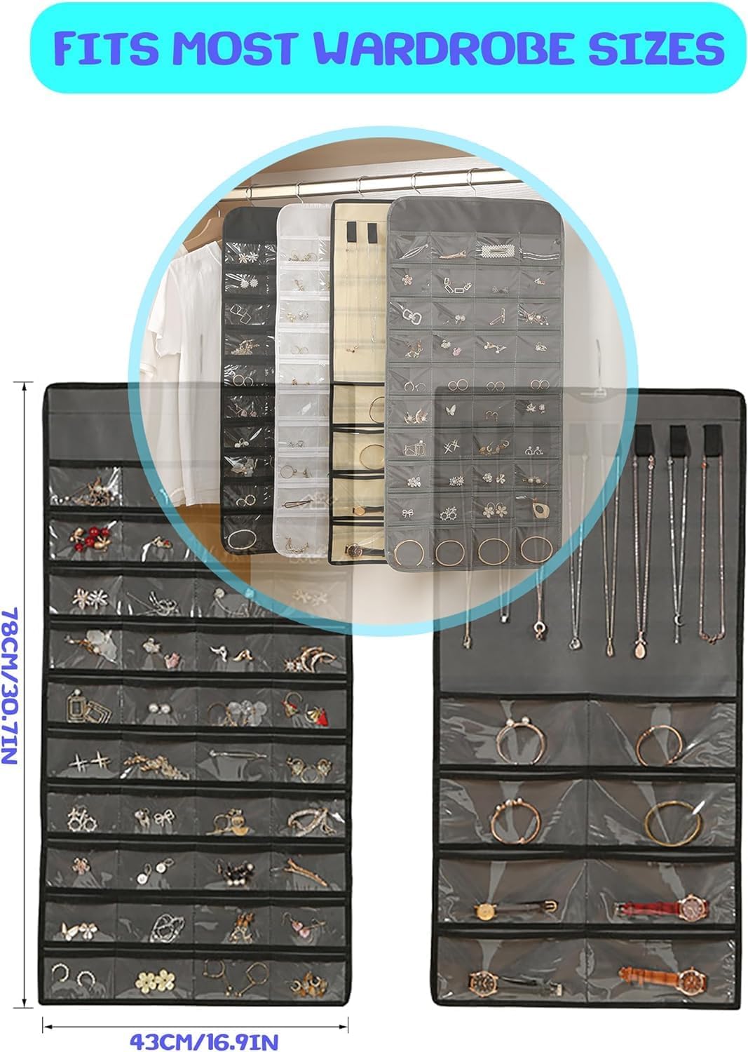 Grey Hanging Jewellery Organiser with Pockets - Image 2