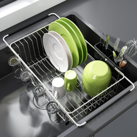 Expandable stainless steel sink cutlery drainer with cutlery holder, silver