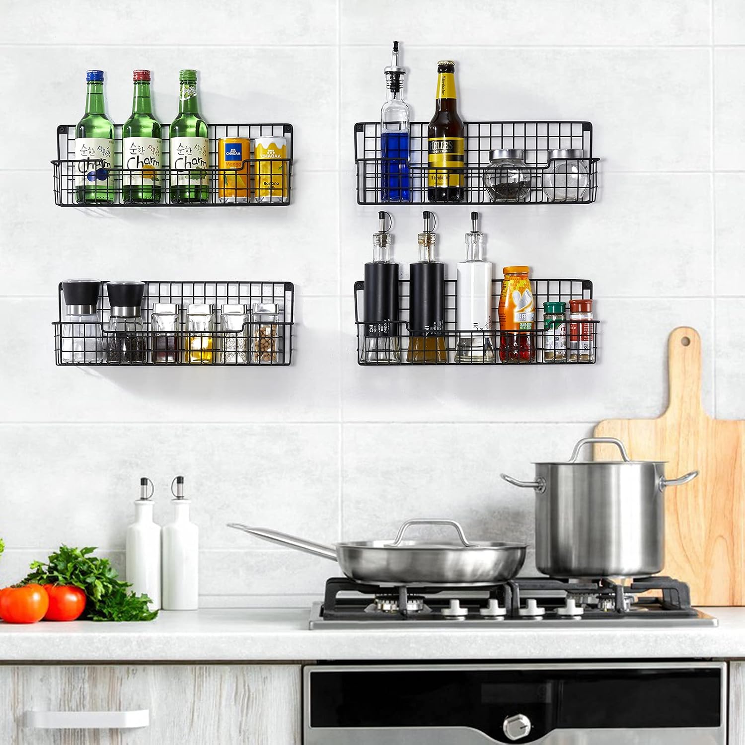 Wall-mounted spice rack set (4 pieces), black, space-saving cabinet/hanging rack - Image 2