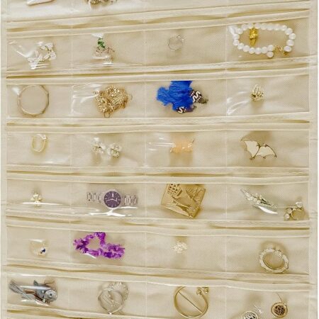 80-Pocket Metal-Hook Beige Hanging Jewellery Organiser