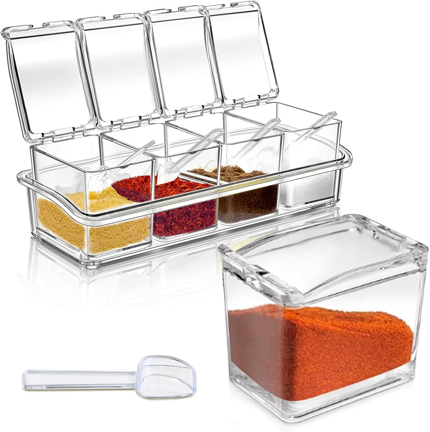 4-Compartment Transparent Spice Container Set with Lid, Includes Spoon, Acrylic Material