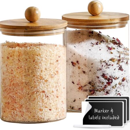 Set of 2 Large Glass Canisters for Kitchen Counter with Airtight Bamboo Lids + Marker & Labels - Cookie Jars with Wooden Lid, Food Storage Containers for Pantry, Flour Pasta Candy Coffee Pods - 68oz.