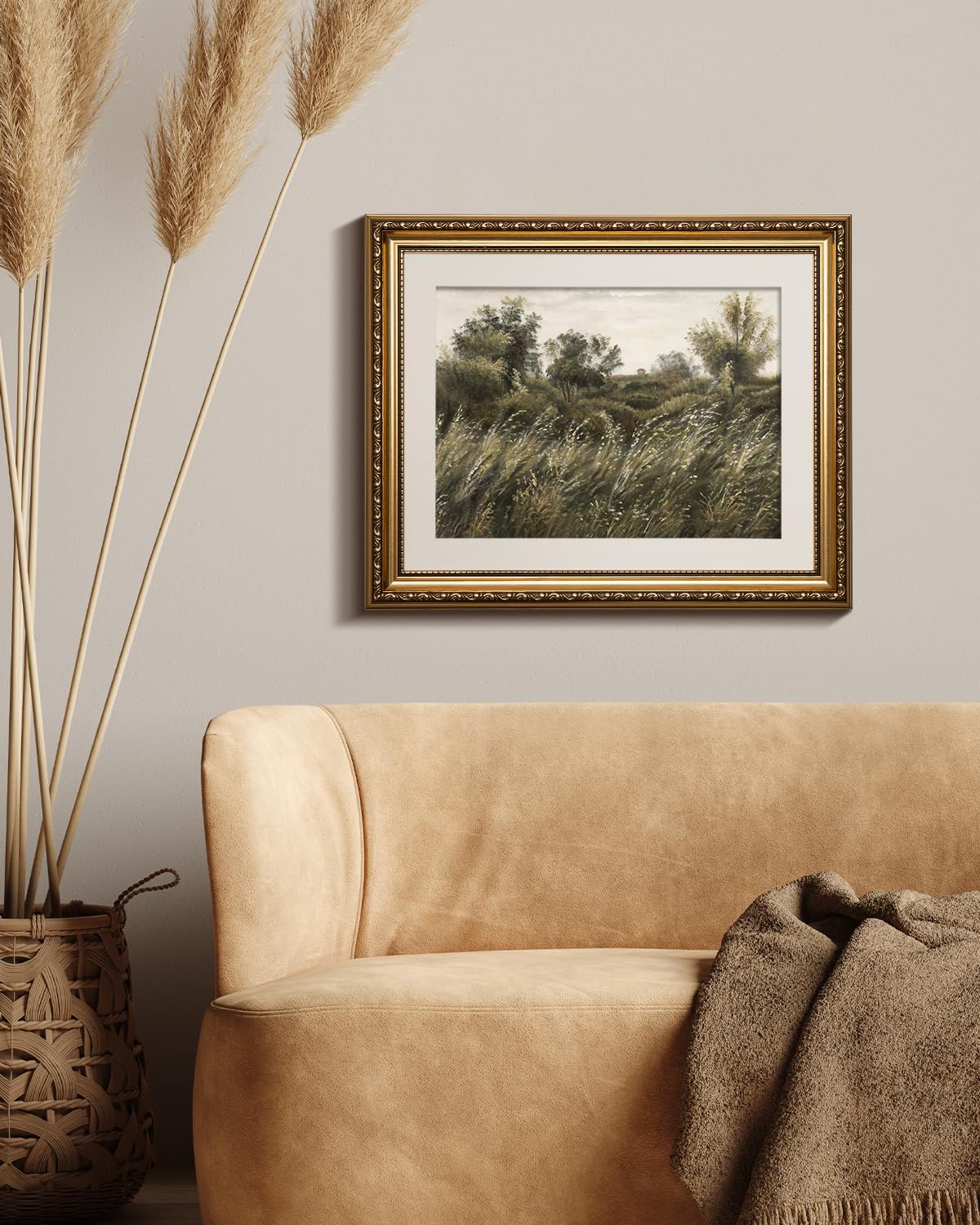 Gold Picture Framed Wall Art, Living Room Bathroom Vintage Wilderness Field Pictures Wall Decor, Grassland Canvas Print Art, Home Farmhouse Decor, Antique Paintings with Frames 13x16inch - Image 2