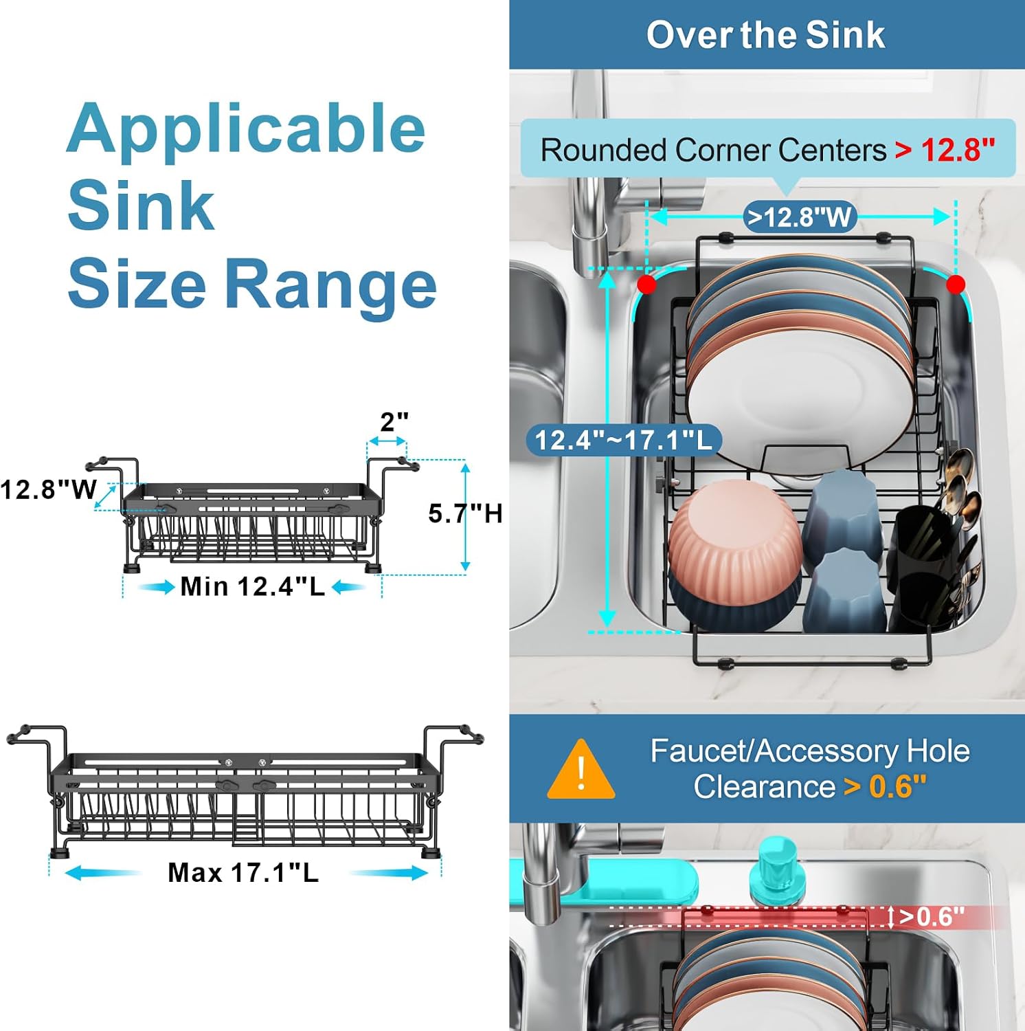 Extendable kitchen sink drain rack (12.8" wide) x 12.4"-17.1" long), rust-resistant, adjustable, with non-slip rubber arms, black - Image 2