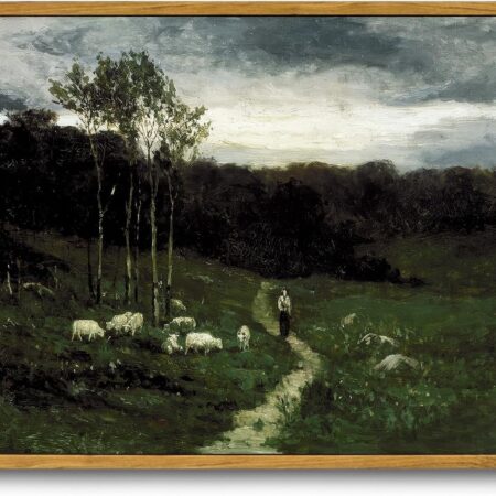 Framed Vintage Landscape Wall Art Shepherd Natural Scenery Oil Painting Canvas Prints Country Farmhouse Aesthetic Decor Pictures for Kitchen Bedroom Living Room Bathroom