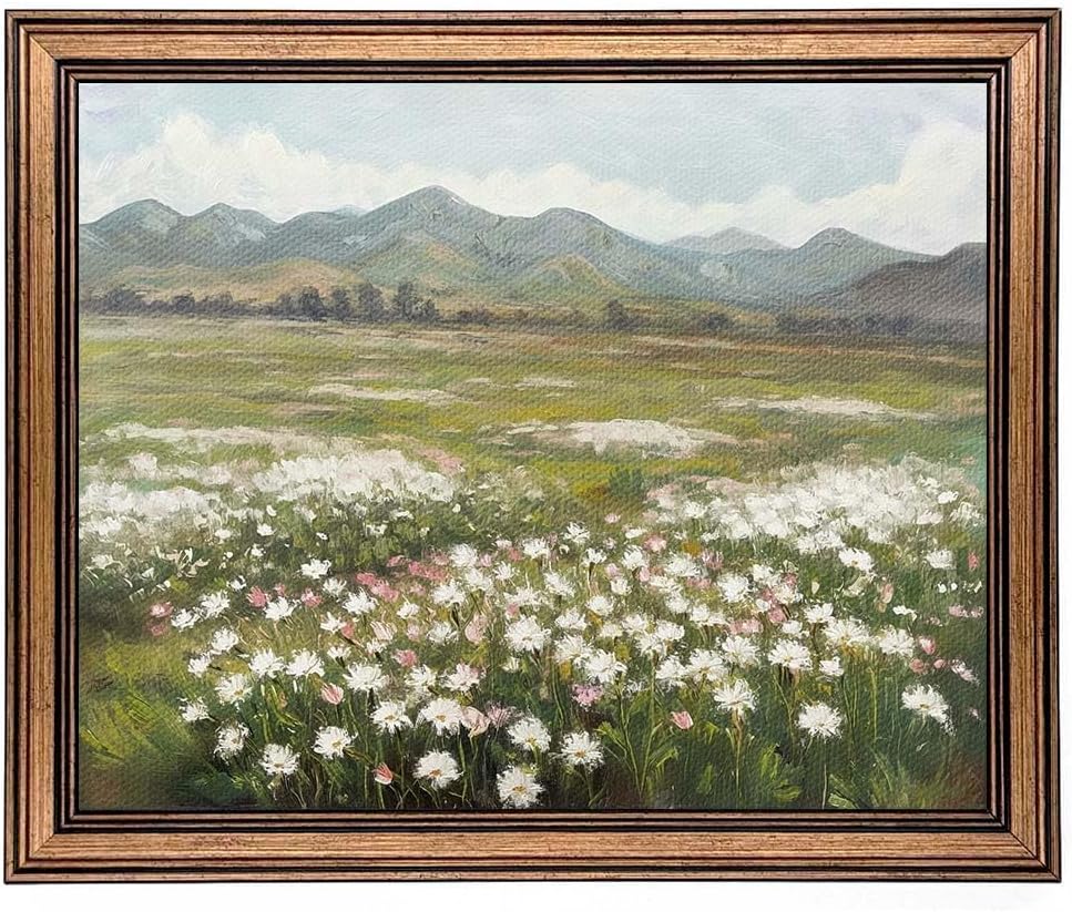 Gold Framed Wall Art Vintage Landscape Wildflowers Mountain Painting Canvas Print for Bedroom Living Room Wall Decor (wildflowers, 20L" x 16W")