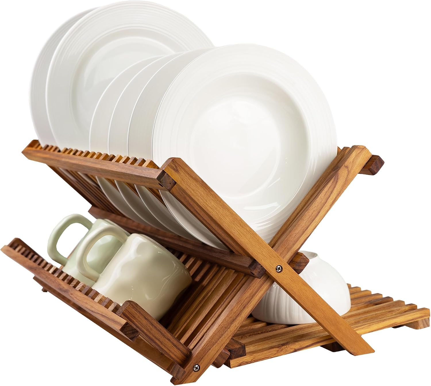 Three-tier foldable teak countertop dish rack, suitable for pasta plates and cups - Image 2