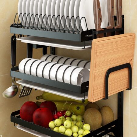 Three-tier stainless steel wall-mounted dish rack/fruit and vegetable basket with drain board, hanging chopstick holder, and knife holder