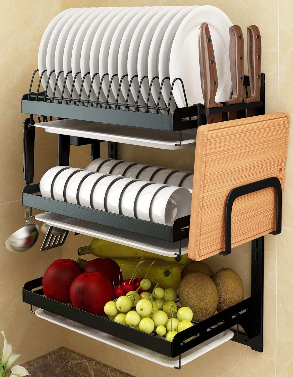 Three-tier stainless steel wall-mounted dish rack/fruit and vegetable basket with drain board, hanging chopstick holder, and knife holder