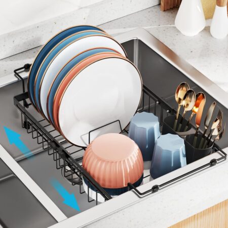 Extendable kitchen sink drain rack (12.8" wide) x 12.4"-17.1" long), rust-resistant, adjustable, with non-slip rubber arms, black