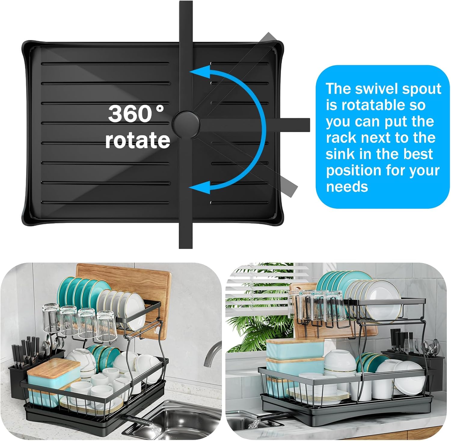 Large capacity double-layer removable cutlery drainer with cutlery holder, black - Image 2