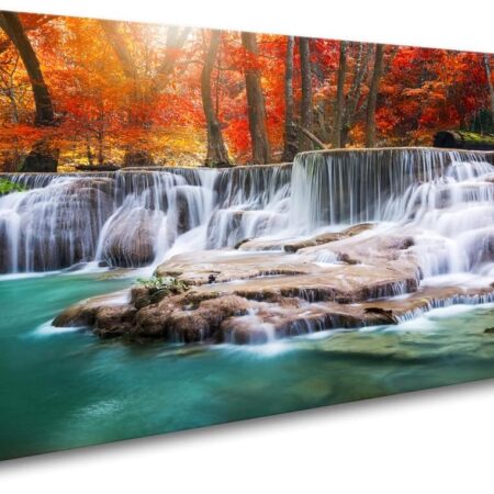 Wall Art Canvas Painting Red Forest Waterfalls 1 Piece Modern Landscape Tree Picture Poster Print Framed and Stretched Ready to Hang for Living Room Bedroom Kitchen Office Home Decor