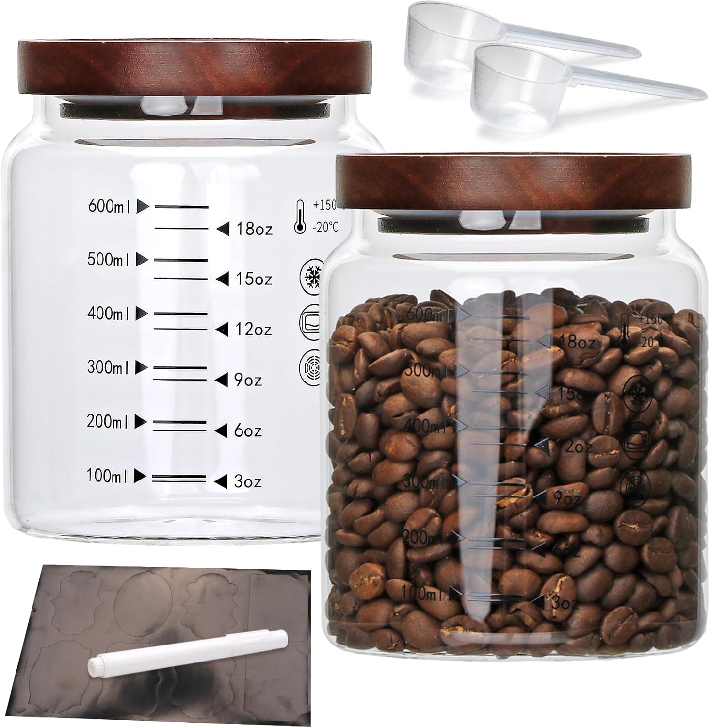 25 oz Glass Storage Containers, Airtight Food Jars, Kitchen Jar with Wooden Lid and Spoon, Storage Glass Jar for Tea, Spices, Flour, Coffee Beans, Pasta or Gift Giving, Pack of 2