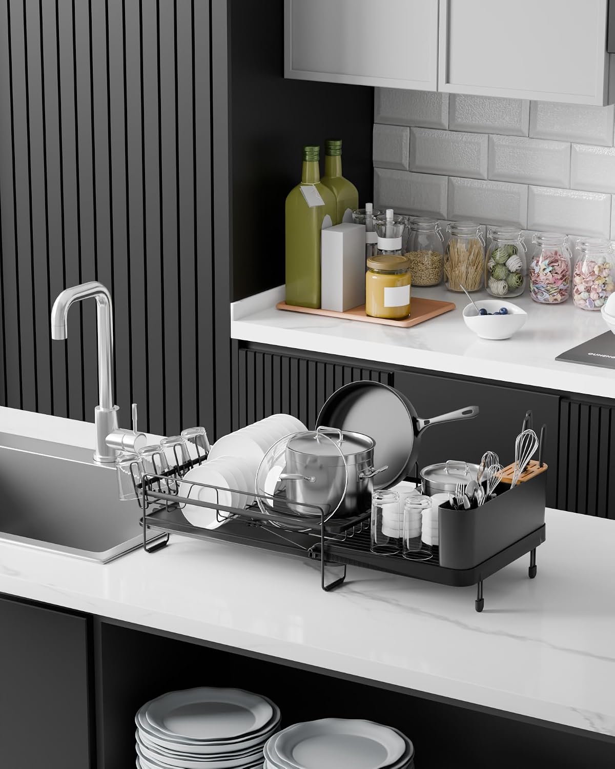 Expandable large cutlery drainer (19.2"-26.7" L x 12.9" W), with cutlery and cup holders, black - Image 2