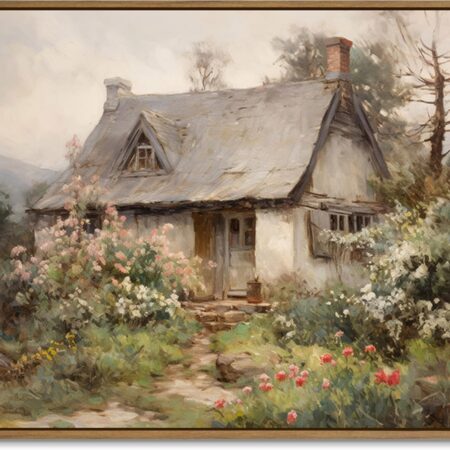 Framed Old Cottage Wall Art Vintage Landscape Oil Painting Mountain Hut Blooming Wild Floral Canvas Print Country Aesthetic Decor Art for Bedroom Bathroom Living Room Home Décor 12"x16"