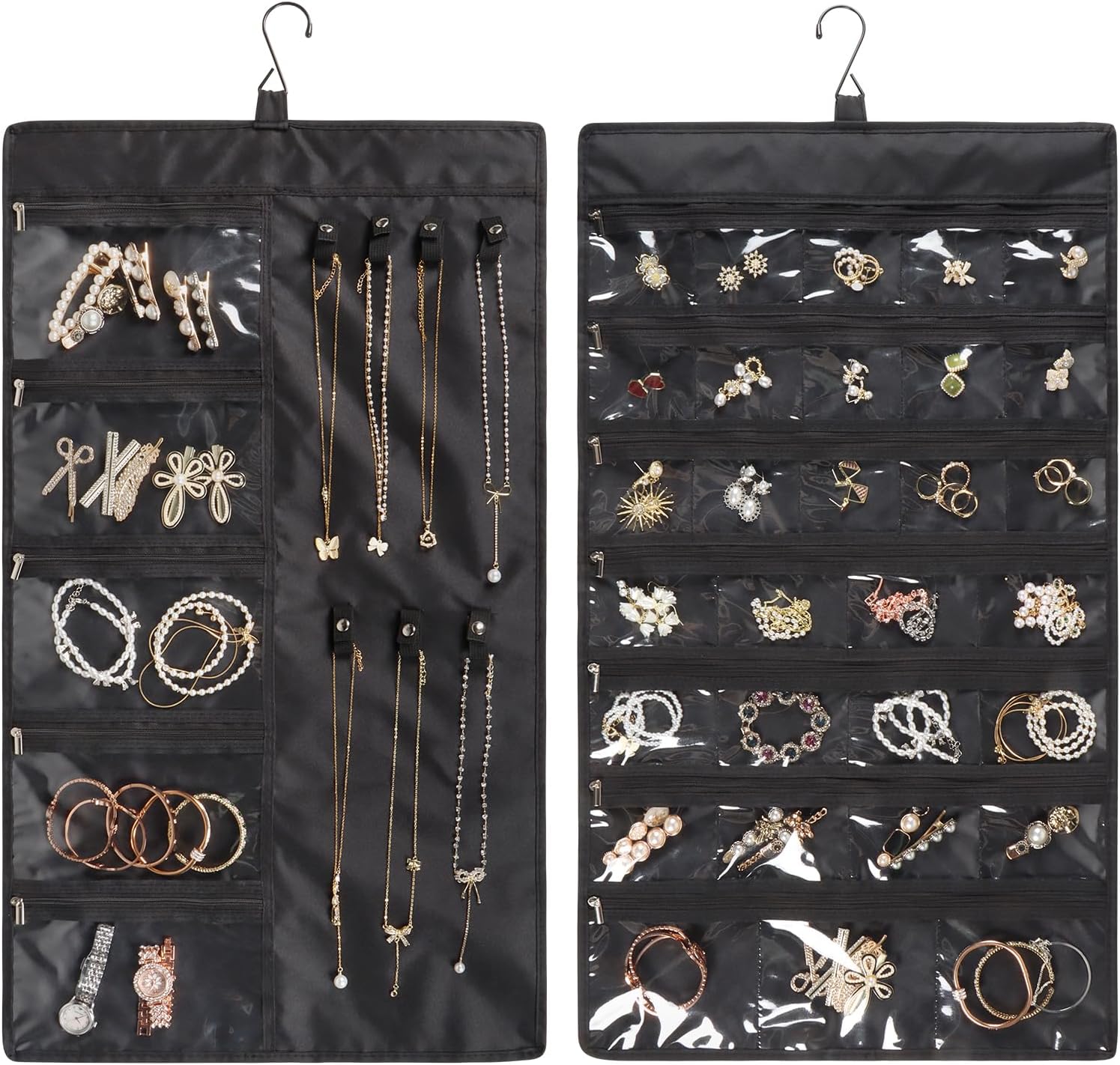 Zippered Metal-Zipper Black Hanging Jewellery Organiser