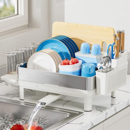 Stainless steel countertop cutlery drainer with automatic drain, cutlery holder and cup holder, white, space-saving