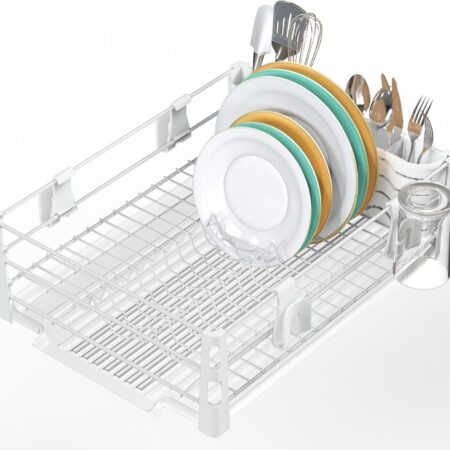 White metal countertop dish rack with drain board, cutlery holder, and mug hooks