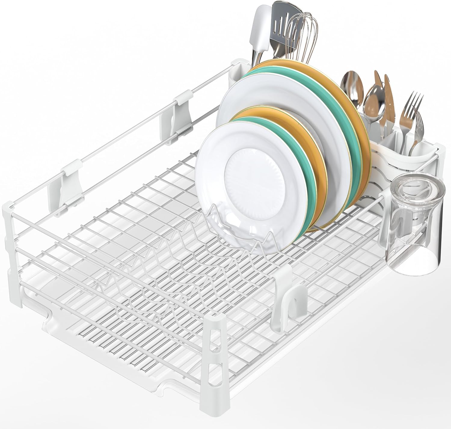 White metal countertop dish rack with drain board, cutlery holder, and mug hooks