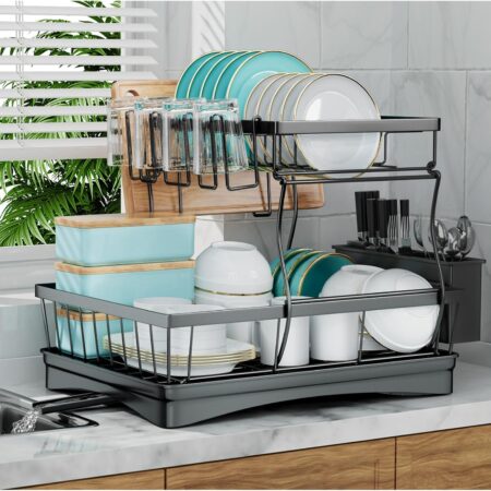 Large capacity double-layer removable cutlery drainer with cutlery holder, black