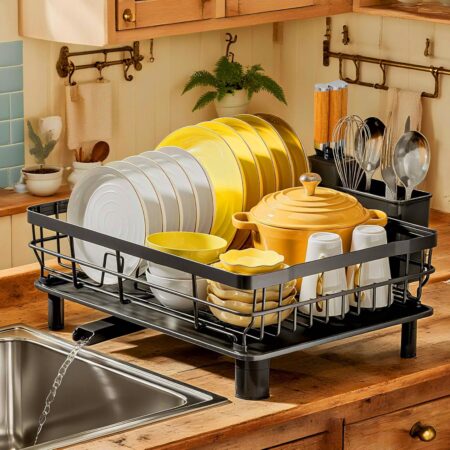 Stainless steel countertop cutlery drainer with removable cutlery holder and drain plate (black)
