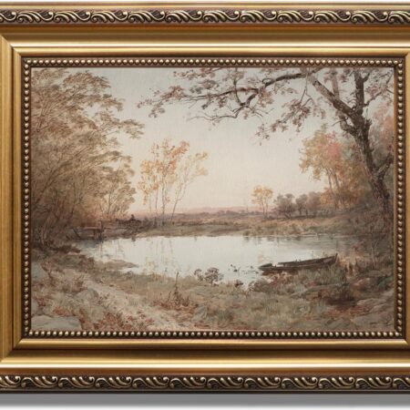 Vintage Framed Wall Art for Living Room, French Country Decor Retro Rivers Muted Autumn Pond Landscape Oil Painting, Neutral Farmhouse Decor Wall Art, Gold Framed Canvas Print Artwork Nature Vintage Wall Art, 9"x12"