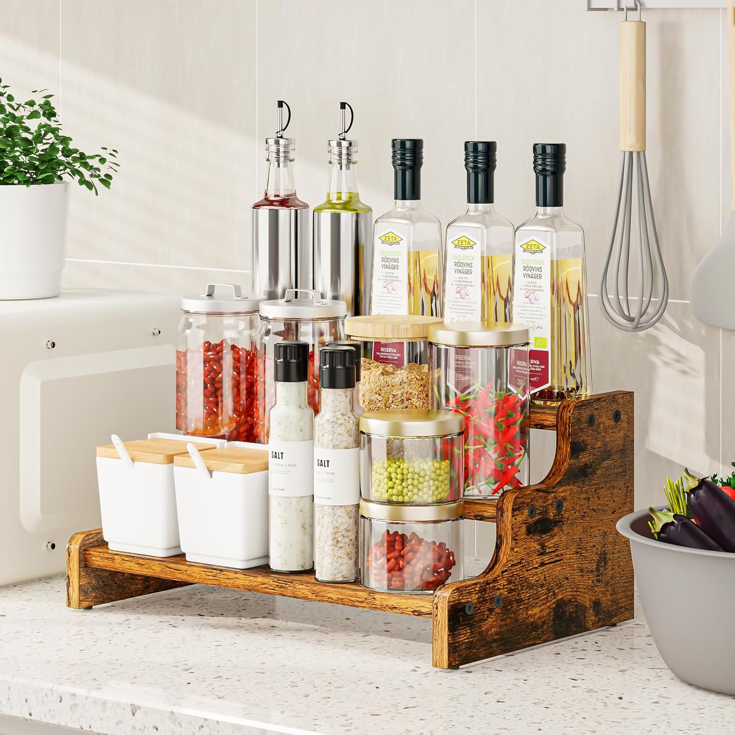 Three-tier wooden tiered countertop spice rack (13.8 inches), suitable for spice bottles, jars, and baking supplies - Image 2