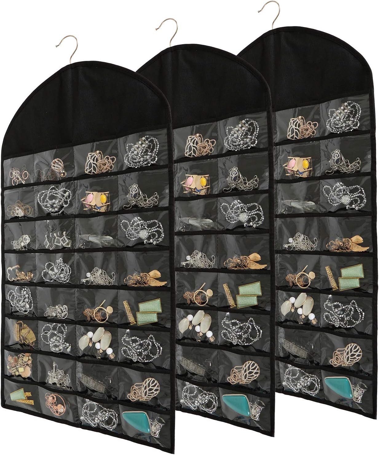 32-Pocket 18-Hook-Loop Double-Sided Hanging Jewellery Set of 3