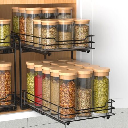 Double-Layer Drawer-Type Spice Rack (7.5''W x 10.5''D x 9.5''H), Height Adjustable Heavy-Duty Metal Basket, Suitable for Cabinet Installation