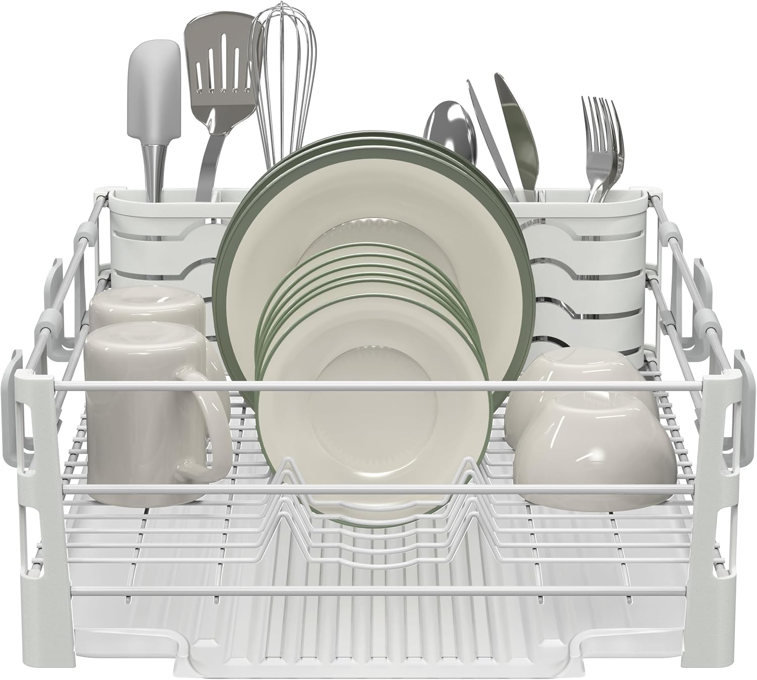 White metal countertop dish rack with drain board, cutlery holder, and mug hooks - Image 2