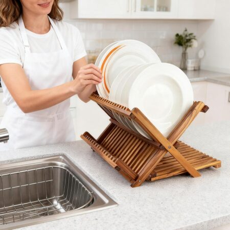 Three-tier foldable teak countertop dish rack, suitable for pasta plates and cups