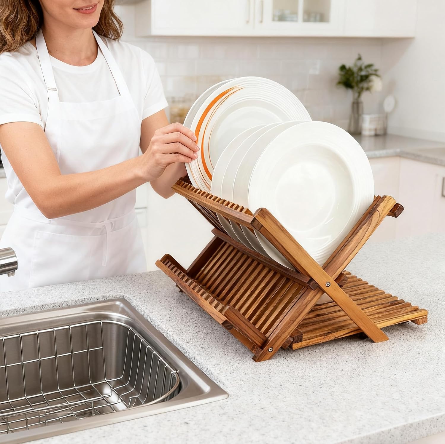 Three-tier foldable teak countertop dish rack, suitable for pasta plates and cups