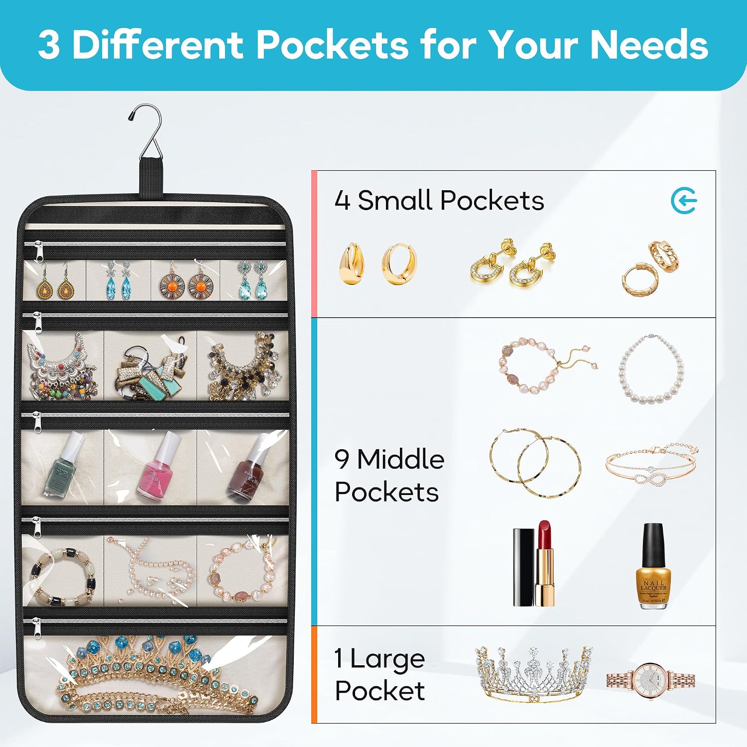 14-Pocket Zippered Travel Hanging Jewellery Roll - Image 2