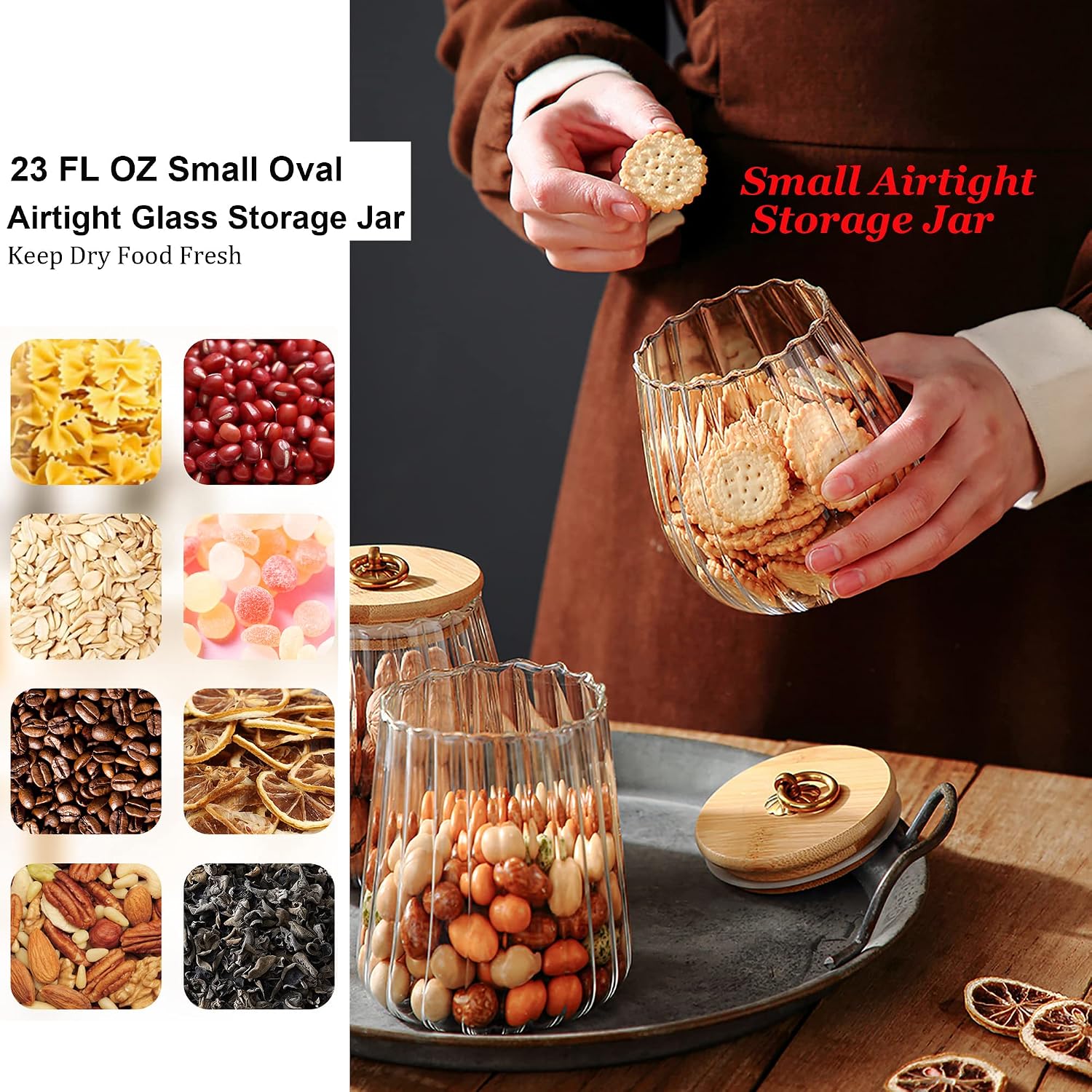 Glass Coffee Nuts Canister Airtight Storage Jar Petal Decorative Container with Bamboo Lid Metal Handle Easy to Grasp 700ml, 23 FL OZ - Image 2