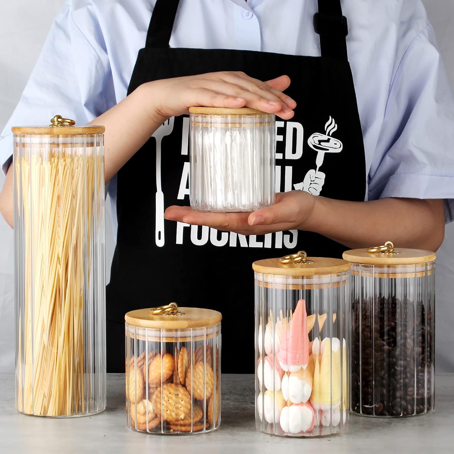 Glass Storage Jars Set of 5, Decorative Coffee Bar Container with Airtight Bamboo Lid Metal Ring for Home Kitchen Storing Candy, Cookie, Pasta, Nuts, Oatmeal and Bathroom Salt - Image 2